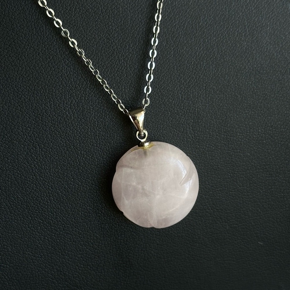 Rose Quarts Genuine Crystal Rose Carving Pendant Silver Necklace - Picture 4 of 9